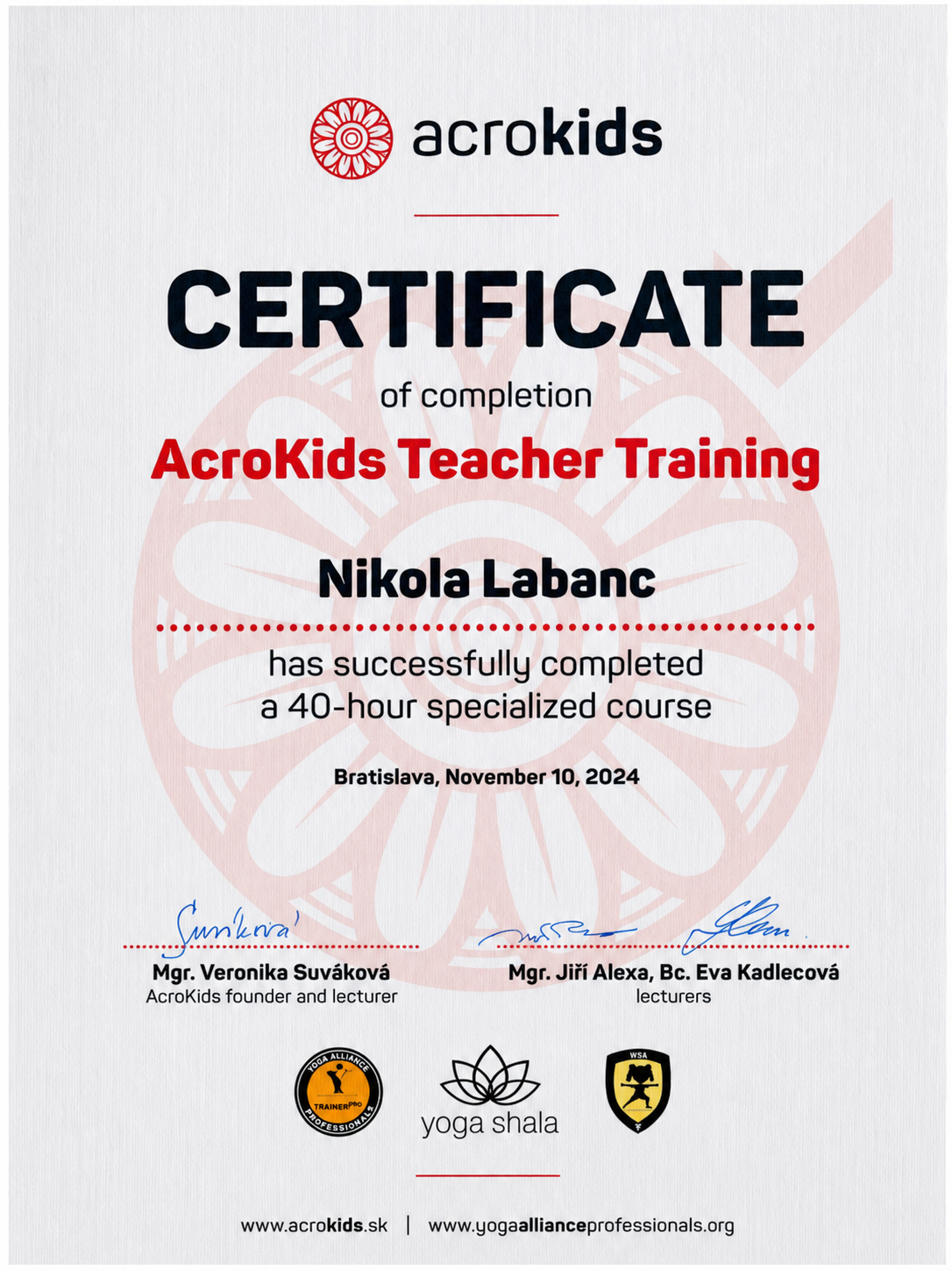 Certifikát AcroKids Teacher Training – Nikola Labanac